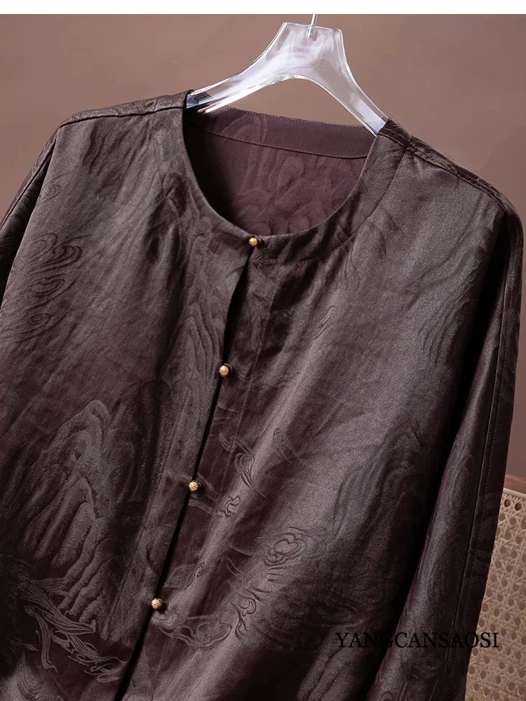 2025 Women's Fashion Spring New 45MM Heavy Satin 100% Natural Mulberry Silk Gambiered Guangdong Gauze New Chinese Loose Shirt