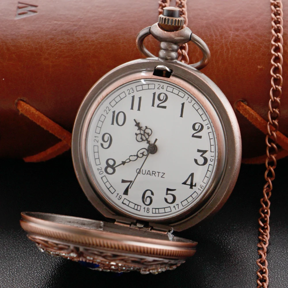 Exquisite  Blue Magic Gem Fake Diamond Quartz Pocket Watch Women Necklace Clock Steampunk Fashion Jewelry Accessories Gifts