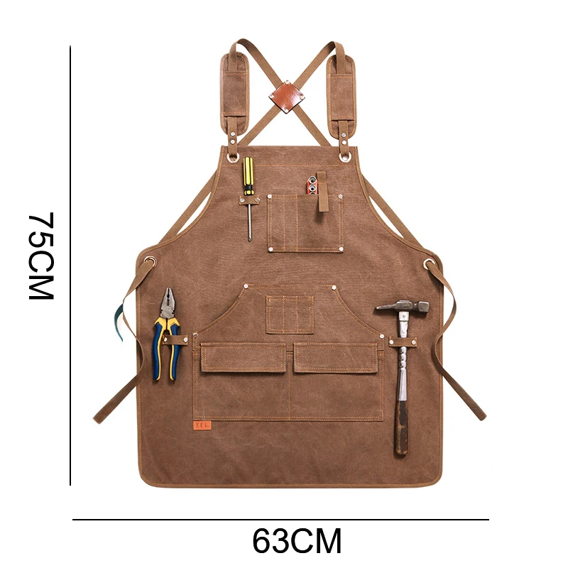 Durable Work Apron with Tool Pockets Heavy Duty Unisex Canvas Adjustable Cross-Back Strap For Woodworking Carpenter Painting BBQ