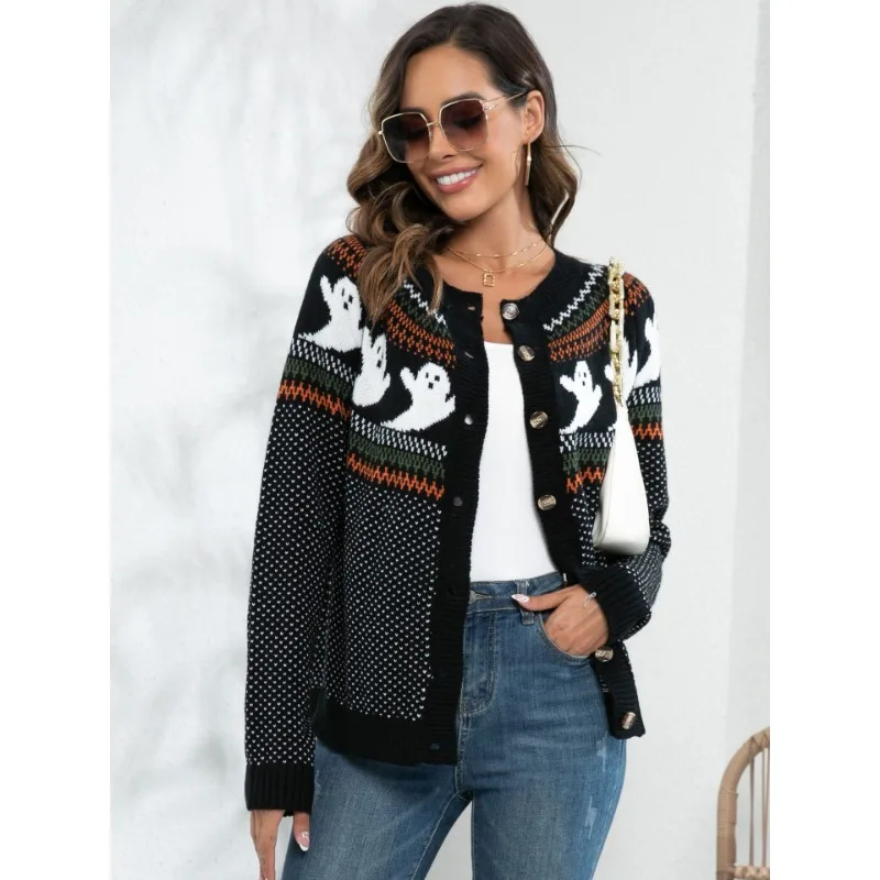 2024 New Autumn and Winter Fashion Halloween Ghost Sweater Cardigan Commuting Cute Style