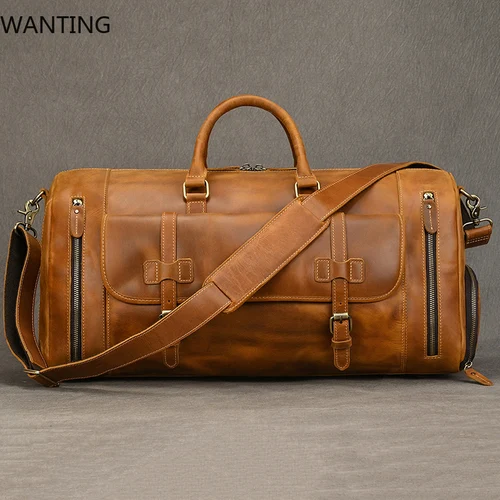 Bolsos de mano Vintage a la moda para hombre, bolsos de viaje de cuero auténtico, bolso de hombro de viaje, bolsos de equipaje de mano de piel de vaca, lona grande