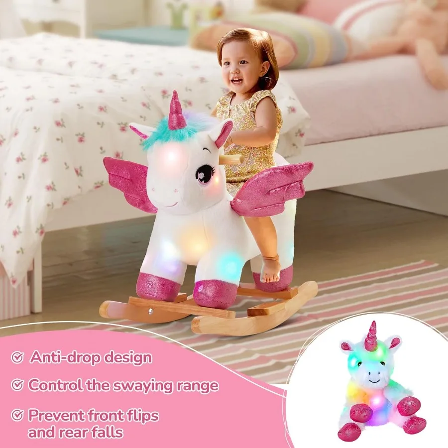 Light Up Musical Licorne Bébé Cheval à bascule Ensemble de 2 avec ceinture de sécurité Blanc Licorne Rocker Bébé Chaise à bascule Ride sur Licorne pour