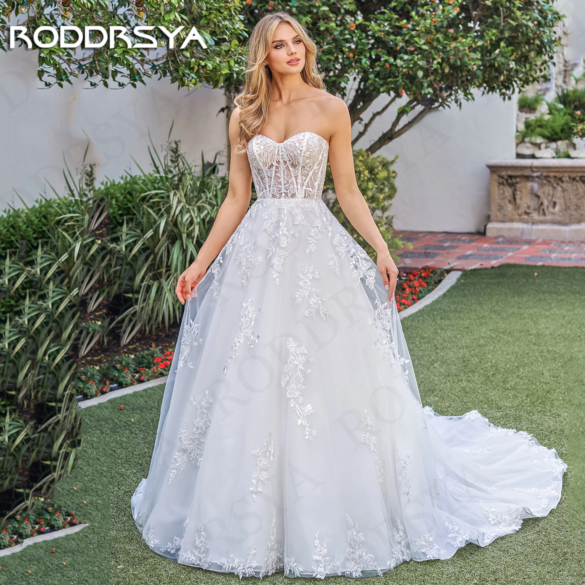 RODDRSYA-encantador vestido de novia de tul sin tirantes para mujer, vestidos de novia con apliques de línea A, sin mangas, escote Corazón Encantador vestido de novia de tul  Sin tirantes de encaje en línea Apliques ve