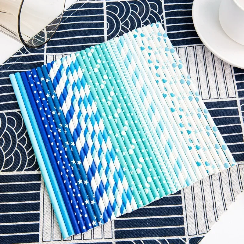 25/50pcs Disposable Paper Straws Degradable Paper Blue Series Party Tableware Wedding Decoration Supplies Kids Birthday