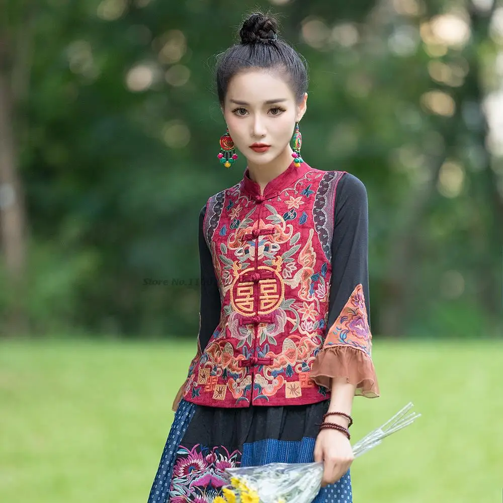 2024 cotton linen short stand collar sleeveless waistcoat flower embroidery chinese women vest traditional oriental ethnic coat