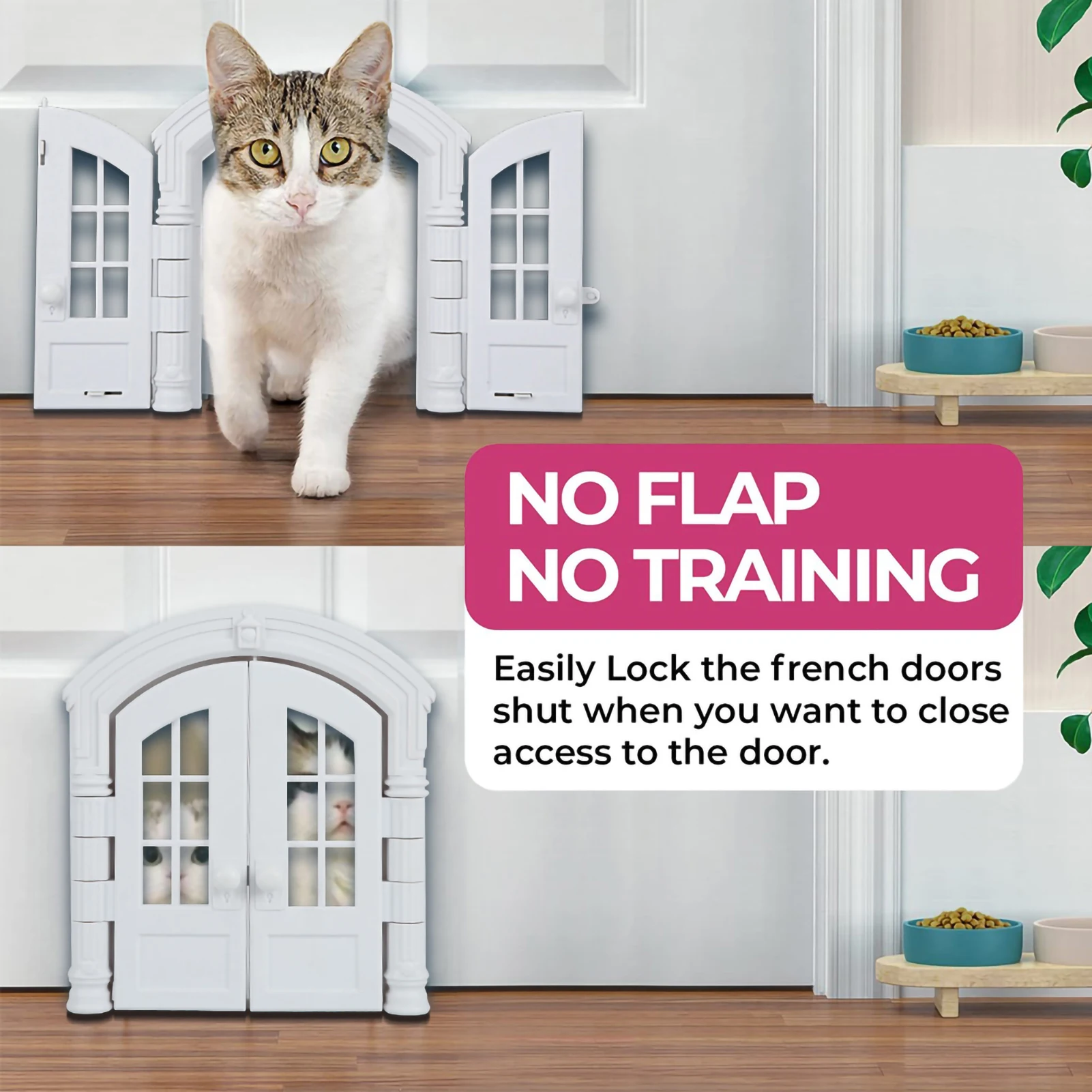 Cat Door Interior Exterior Pet Cat Dog Flap Doorpet French Double Door Opening No-Flap Weatherproof Pet Doors for Cats and Dog