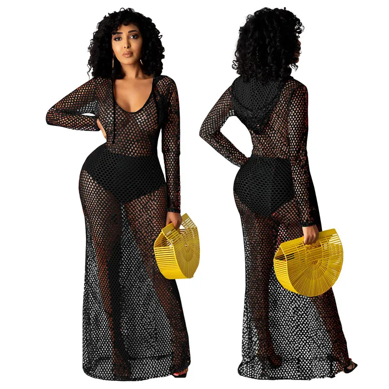 แขนยาว Hooded Fishnet ผู้หญิงเซ็กซี่ Hollow Out ดูผ่าน Maxi Cover Ups Vestidos สีดําไนท์คลับสุภาพสตรีชุด