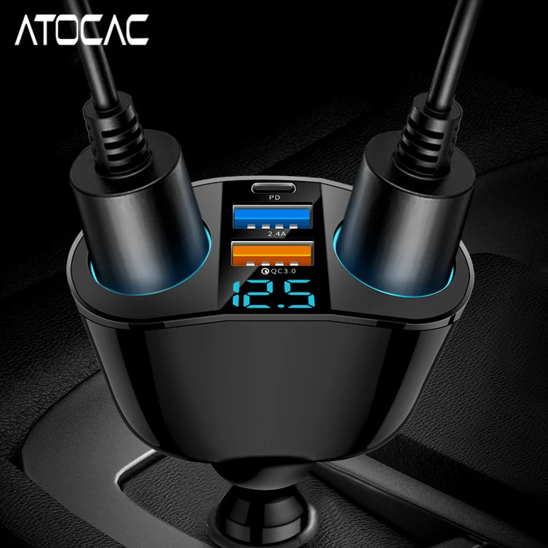 Cigarette Lighter Adapter Dual Socket QC3.0 PD Type C USB Car Charger Splitter Plug LED Voltage Display Multi Port Phone Charge