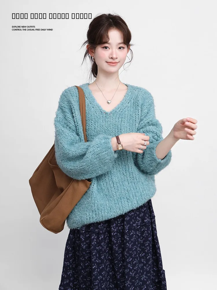 

Синий ажурный свитер с длинными рукавами и V-образным вырезом, свободный повседневный женский свитер, весна 2026, модный тренд Galaxy Resident