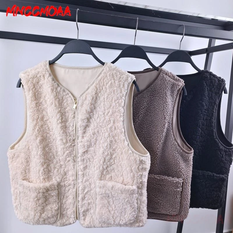 MNCCMOAA 2024 Women Fashion Faux Fur Lamb Wool V-Neck Zip Pocket Vest Female Solid Color Casual Sleeveless Waistcoat Tops