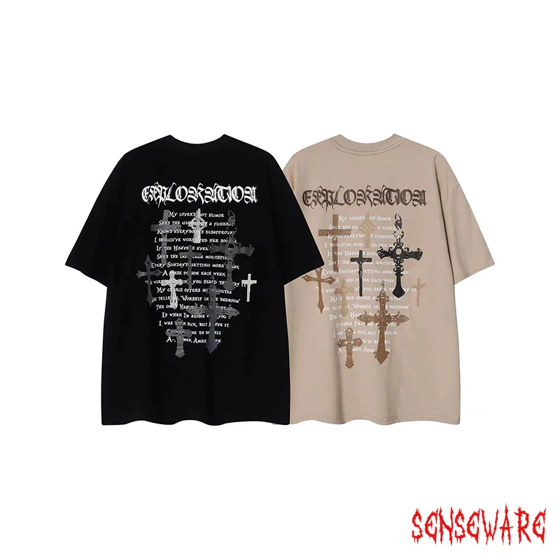 

Gothic Sle Loose Fit ort Sve T-irt Couple Punk Cross Band Print Cotton Summer Casual round Ne Tee for Young Women