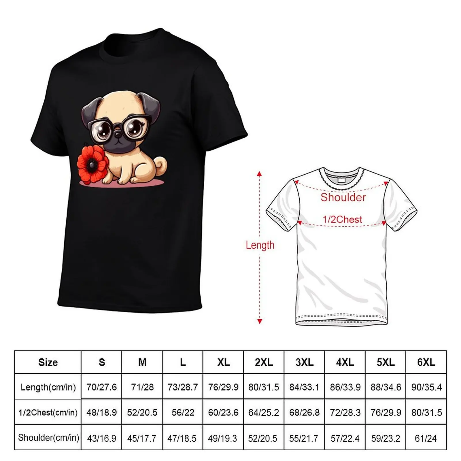 Cute Pug puppy in cartoon with glasses and flowers 2 T-Shirt No Iron Casual Short Sleeve Top view 2