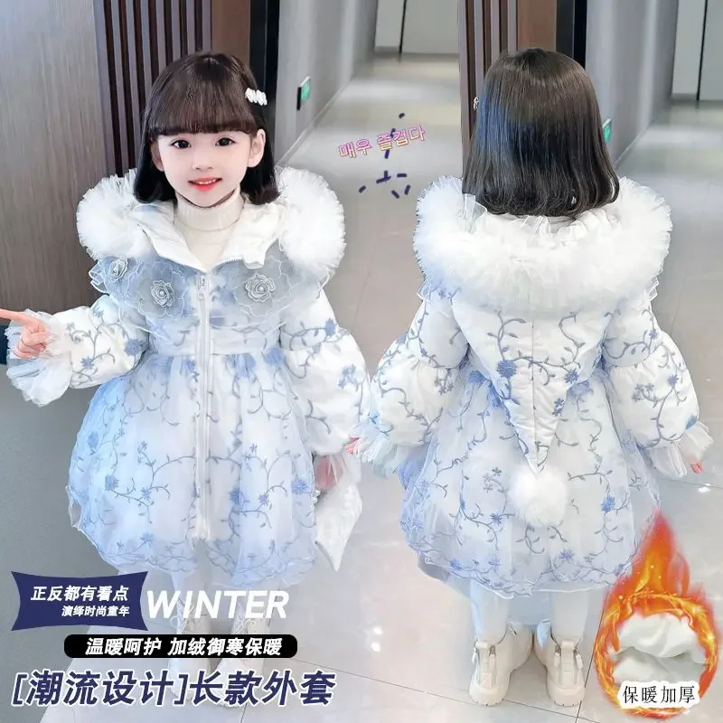 

Kids Clothes Warm Warm Winter Thick Baby Girls Cotton Outwear Embroidered Floral Sweet Princess Ball Gown Snow Long Jacket Coat