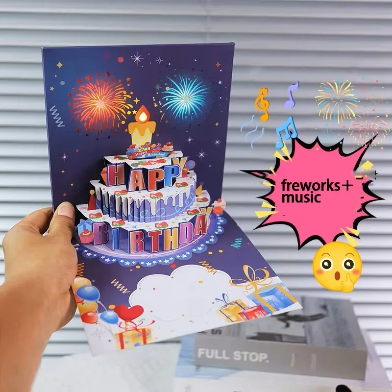 3D Pop Up Music Happy Birthday Greeting Card Creative Fireworks Light Birthday Cards Surprise Gift