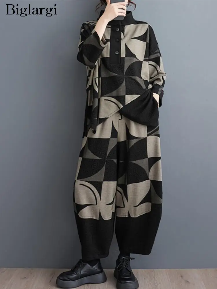Oversize nadruk jesień 2 dwuczęściowy zestaw damski moda nieregularna patchworkowa nowa bluzki damskie luźna szeroka nogawka kobieta spodnie haremki