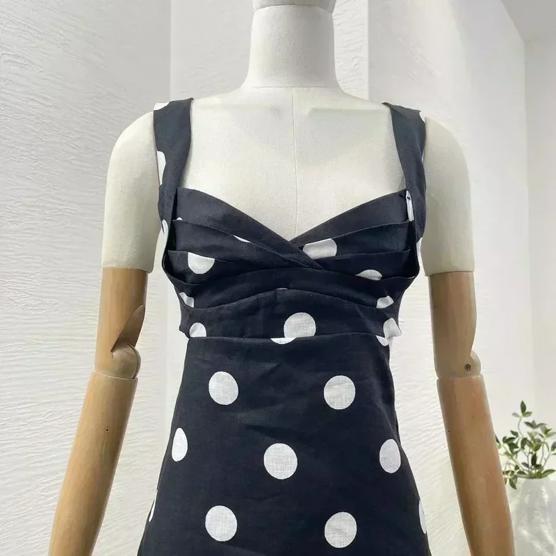 Vestido Midi de tubo para mujer, vestido clásico de lino negro con estampado de puntos blancos y escote corazón recortado, sin mangas y espalda descubierta, novedad de 2024