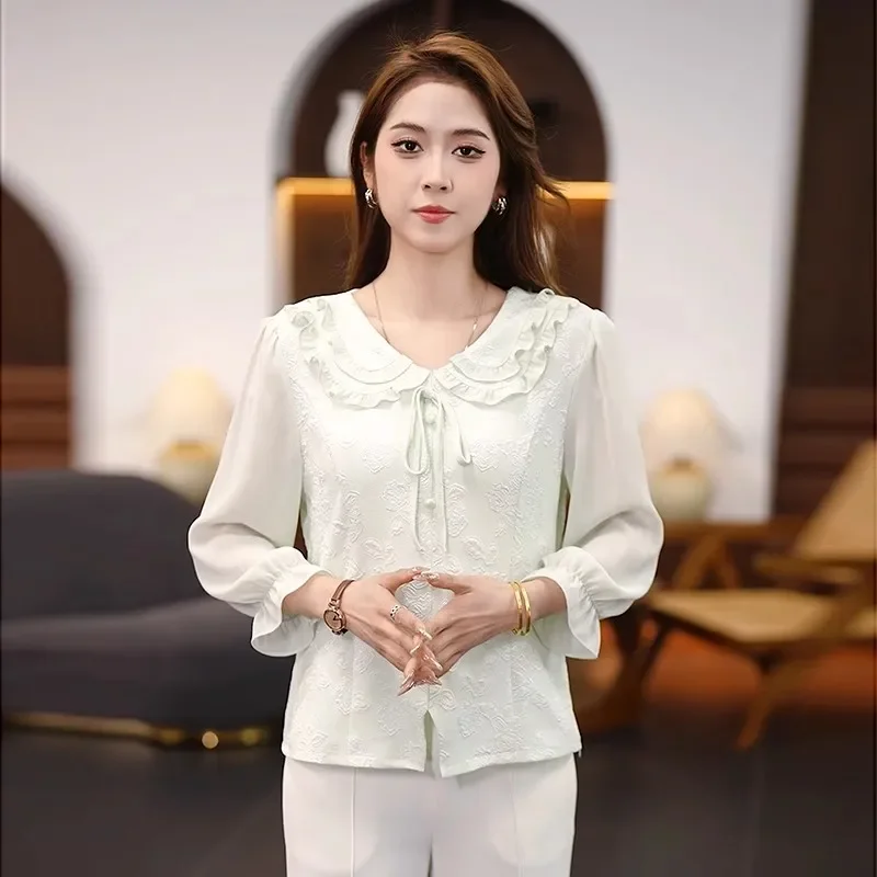 

Женская белая кружевная блузка с длинным рукавом, оборками и бантом на горловине, повседневный топ