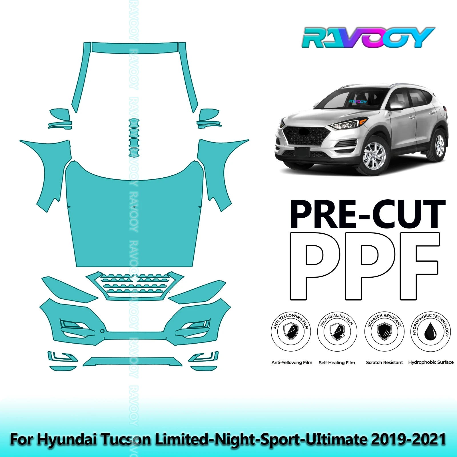 

8.5Mil Front Kit Precut Paint Protection Film PPF Clear Bra For Hyundai Tucson Limited-Night-Sport-UItimate 2019-2021