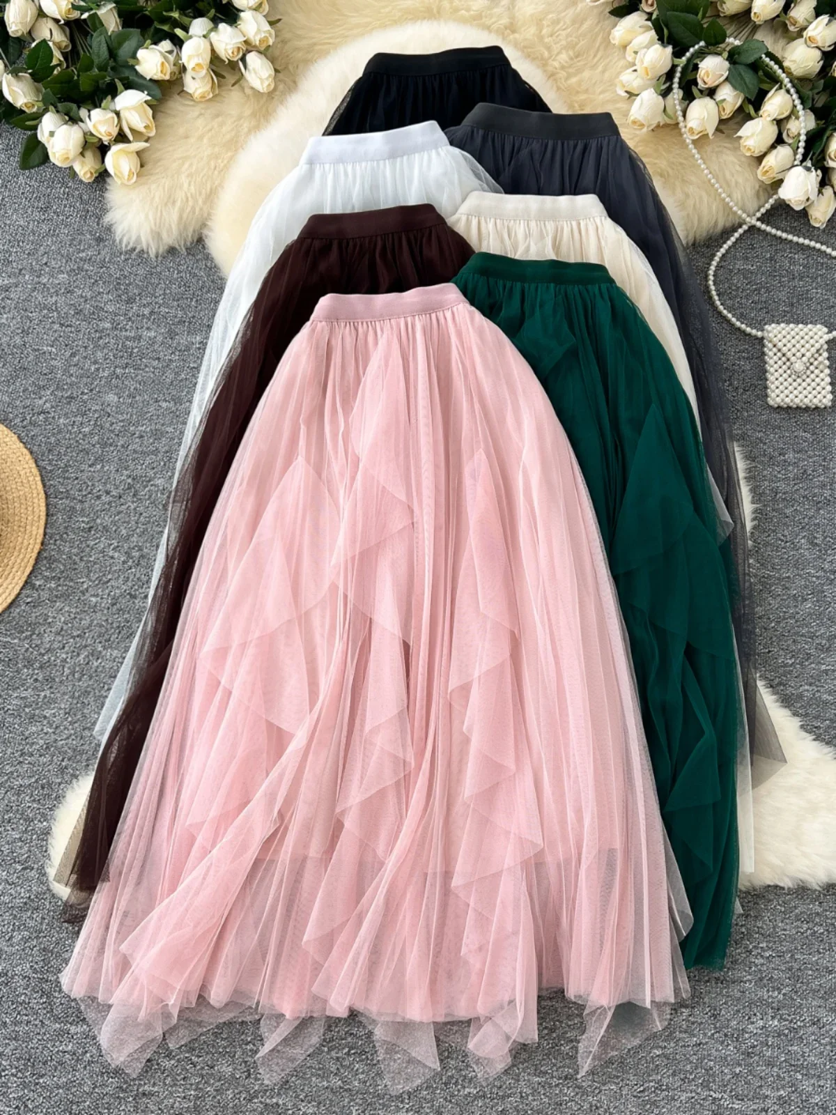 

Foamlina Fairy Pink Rainbow Tulle Skirt 2024 Autumn New Elastic High Waist Versatile Midi Mesh Sheer Irregular Skirts for Women