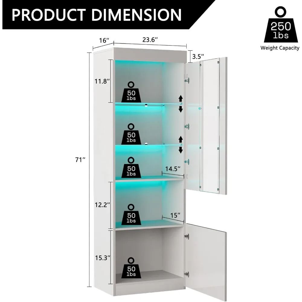 2 Piece 71in Tall Bookcase Storage Cabinet with Glass Doors, Modern High Gloss LED Bookshelf Display with 5 Tiers for Storage