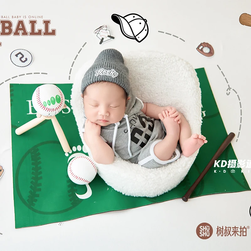sporty-theme-newborn-baby-boy-baseball-photography-outfit-set-gray-hooded-romper-with-beanie-3pcs-studio-photoshoot-costumes
