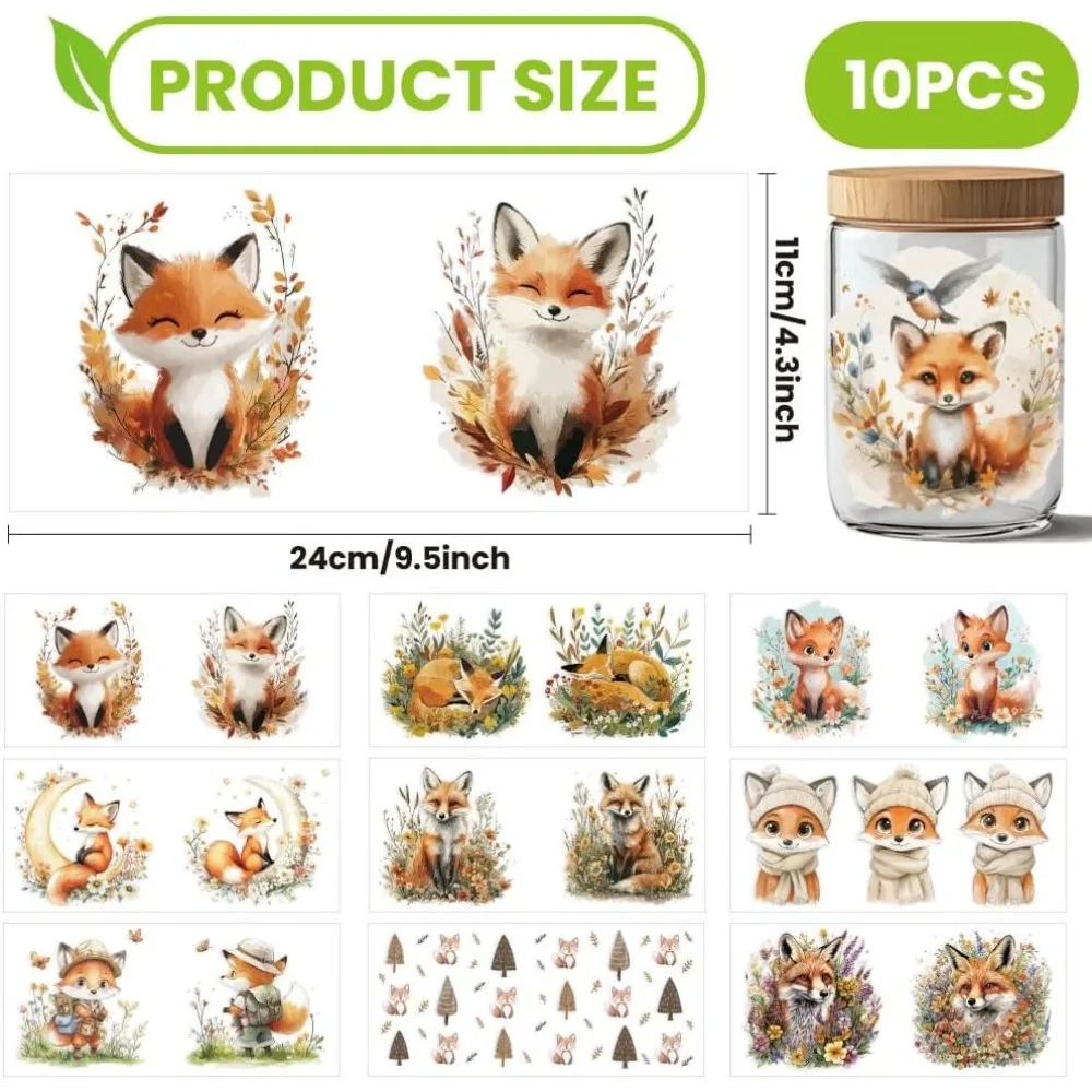 10 Pcs Fox UV DTF Transfer Sticker 10 Styles Cute Cartoon Animal Transfer Paper Rub on Stickers Cup Wrap Waterproof Rub Decals