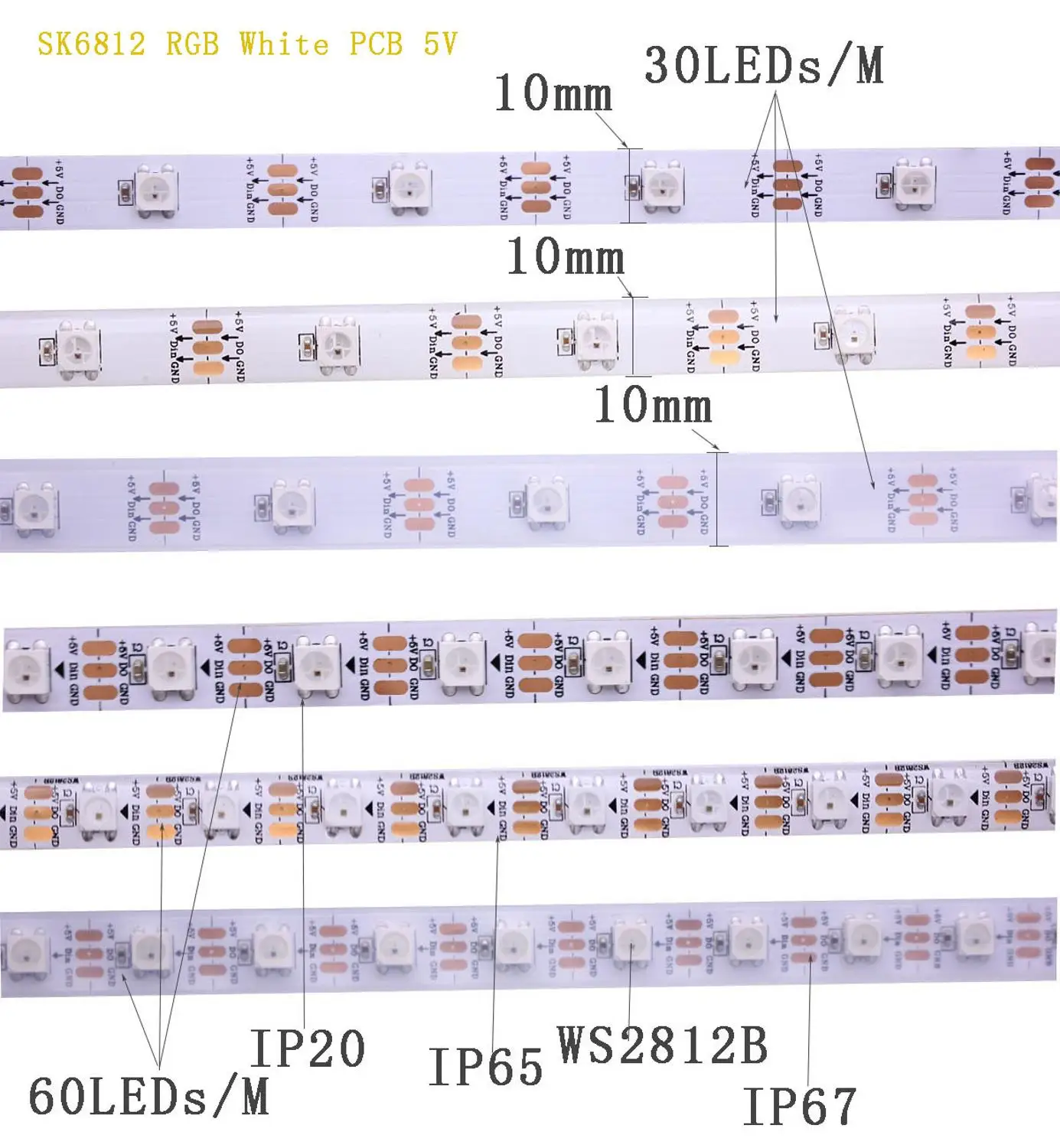 SK6812 RGB RGBW (similar ws2812b) 4 in 1 1m/4m/5m 30/60/144 leds/pixels/m;individual addressable led strip IP30/IP65/IP67 DC5V