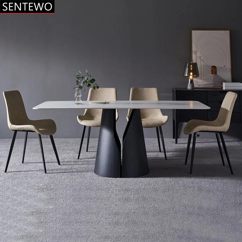 SENTEWO Ltalian Rock Slab Dining Table And 6 Chairs Set Carbon Steel Base Faux Marble Tables Home Furniture Comedor 6 Sillas