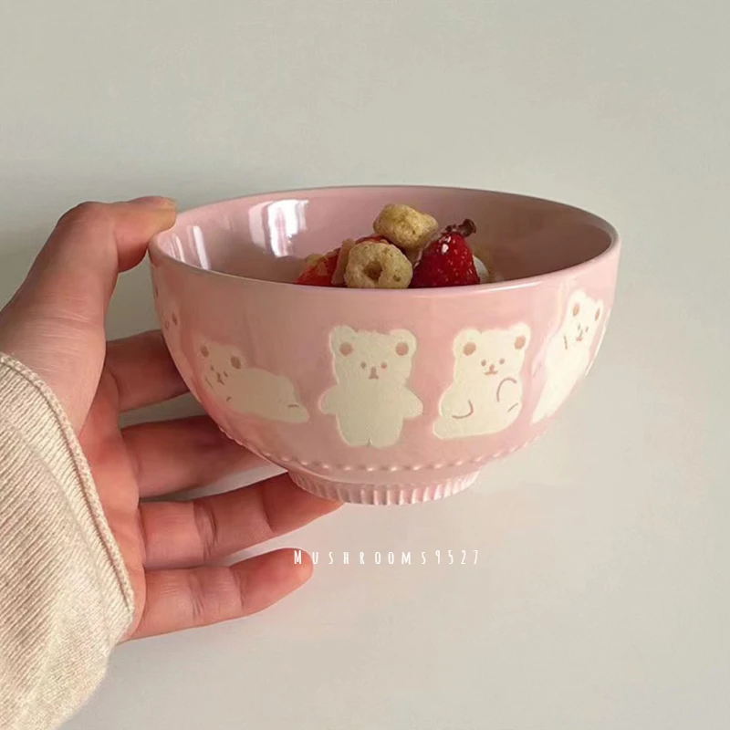 Korean Cute Pink Embossed Bear Ceramic Rice Bowl, Single Household Snack Bowl, Yogurt Breakfast Bowl, 1 Piece, 2 Colors