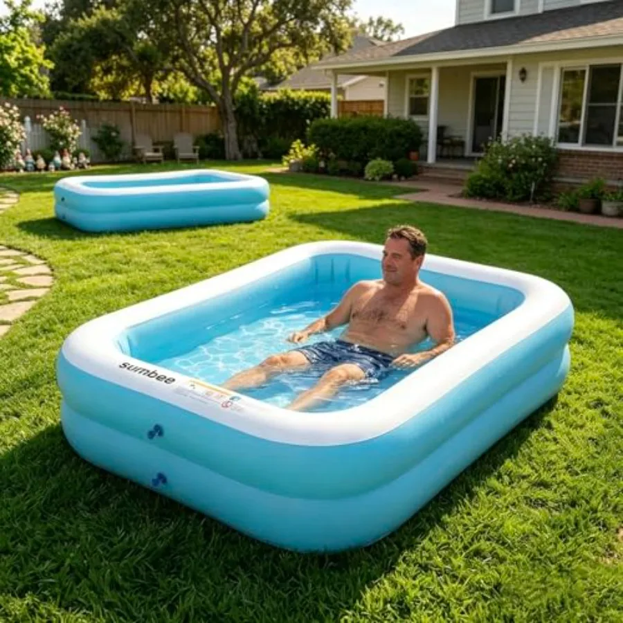 Backyard outdoor inflatable kiddie pool for ages 4-12 PVC light blue rectangle 103 x 69 x 20 durable and easy-inflate for famil