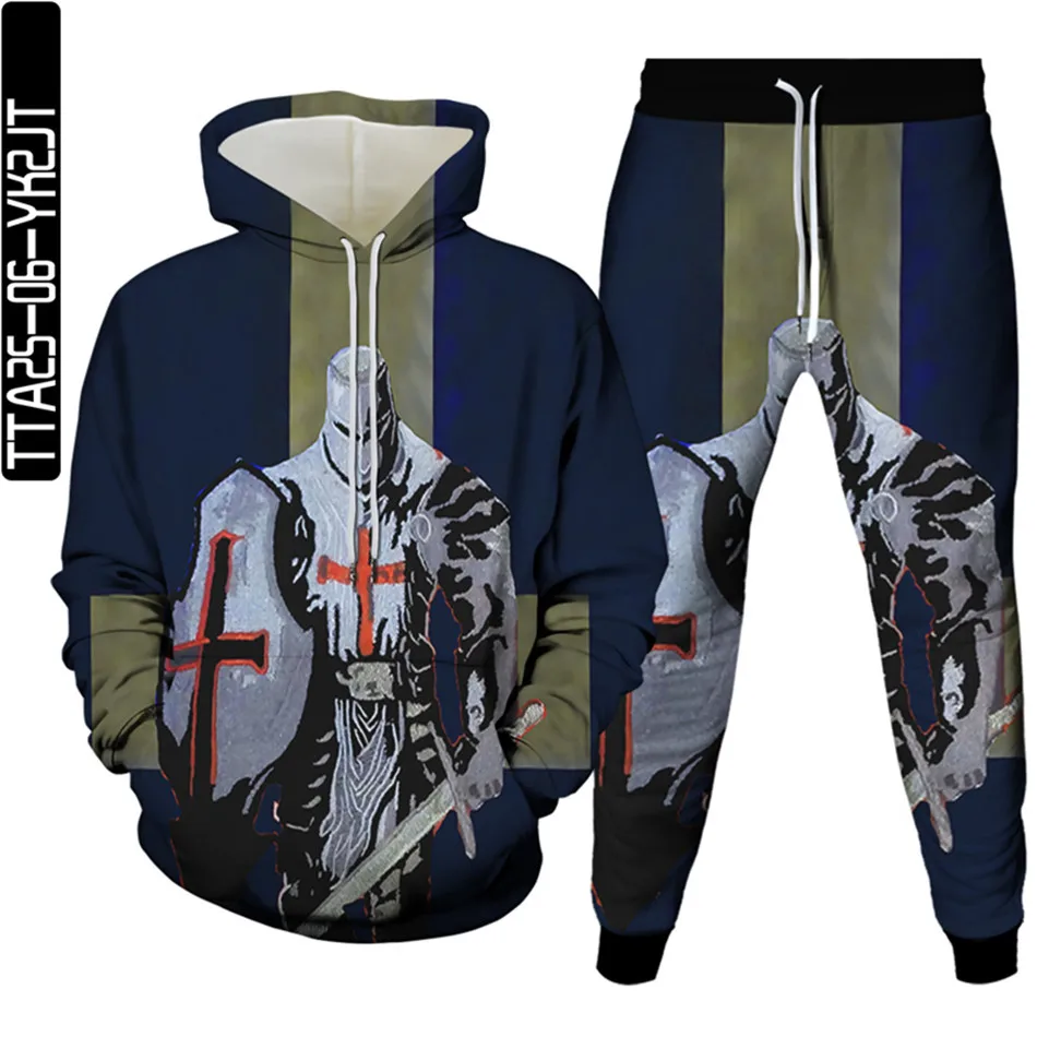 Men Medieval Knights Templar Armor Tracksuit Crusader Cross 3D Print Women Halloween Hoodies Trousers 2pcs Sets Plus Size 6XL