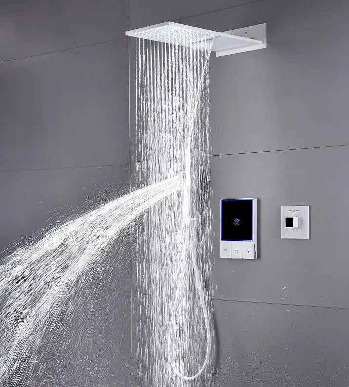 Modernes weißes digitales Temperatur-LED-Display, verdecktes montiertes Badezimmer-Regenfall-Wasserfall-Duschsystem-Set