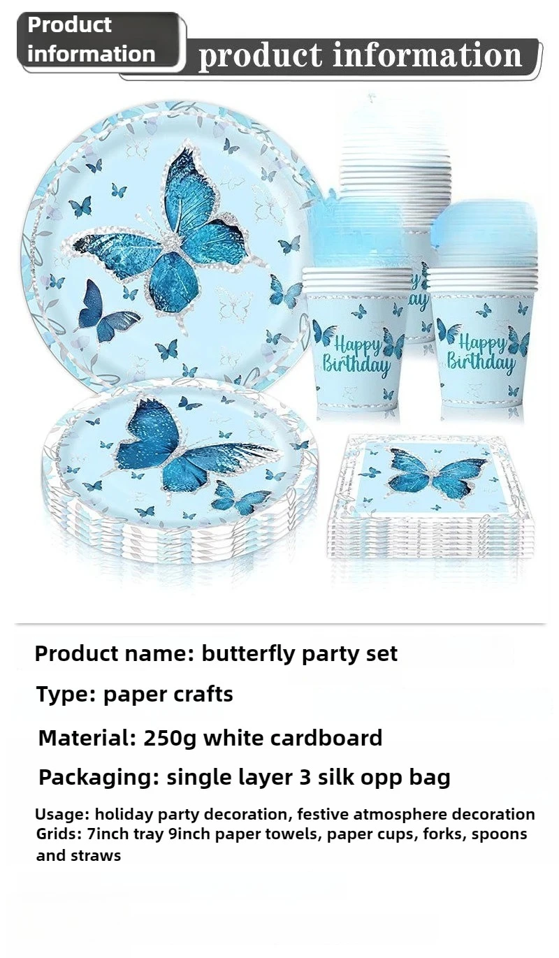 20 stücke Blau Schmetterling Thema Geburtstag Partei Liefert Geschirr Einweg Pappteller Geburtstag Dekoration Party Liefert – Detail 2