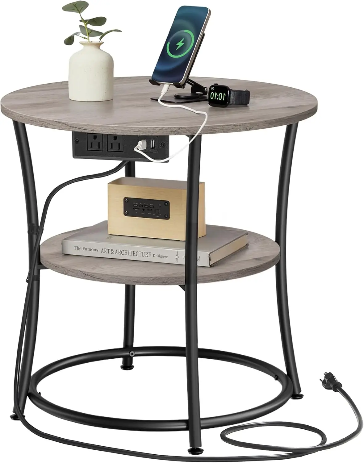 

21.7-Inch Round Side Table with Power Outlets, 2-Tier End Table for Living Room and Bedroom, Heather Greige and Ink Black