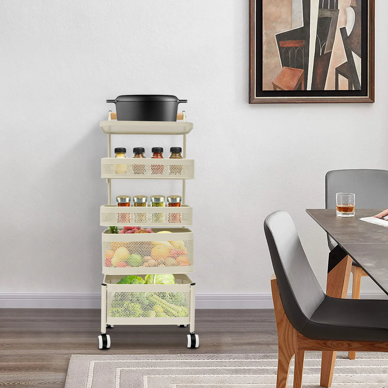 5-Tier Rolling Storage Rack with 180° Swivel Mesh Baskets, White Kitchen Utility Cart with Wheels & Brakes, Space-Saving Organizer for Home Office, Carbon Steel view 6