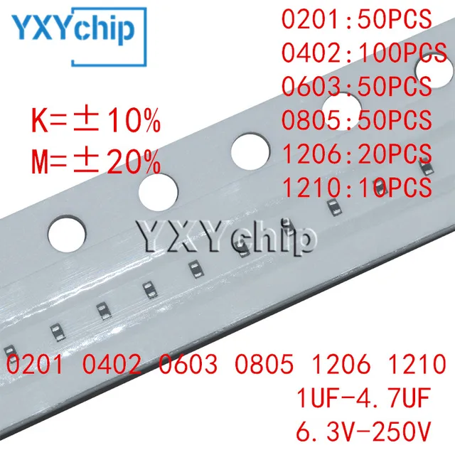 0201 0402 0603 0805 1206 1210 CHIP kondensator ceramiczny 1UF 2.2UF 4.7UF 6.3V 10V 16V 25V 35V 50V 100V 200V 250V X7R X5R 10% 20%