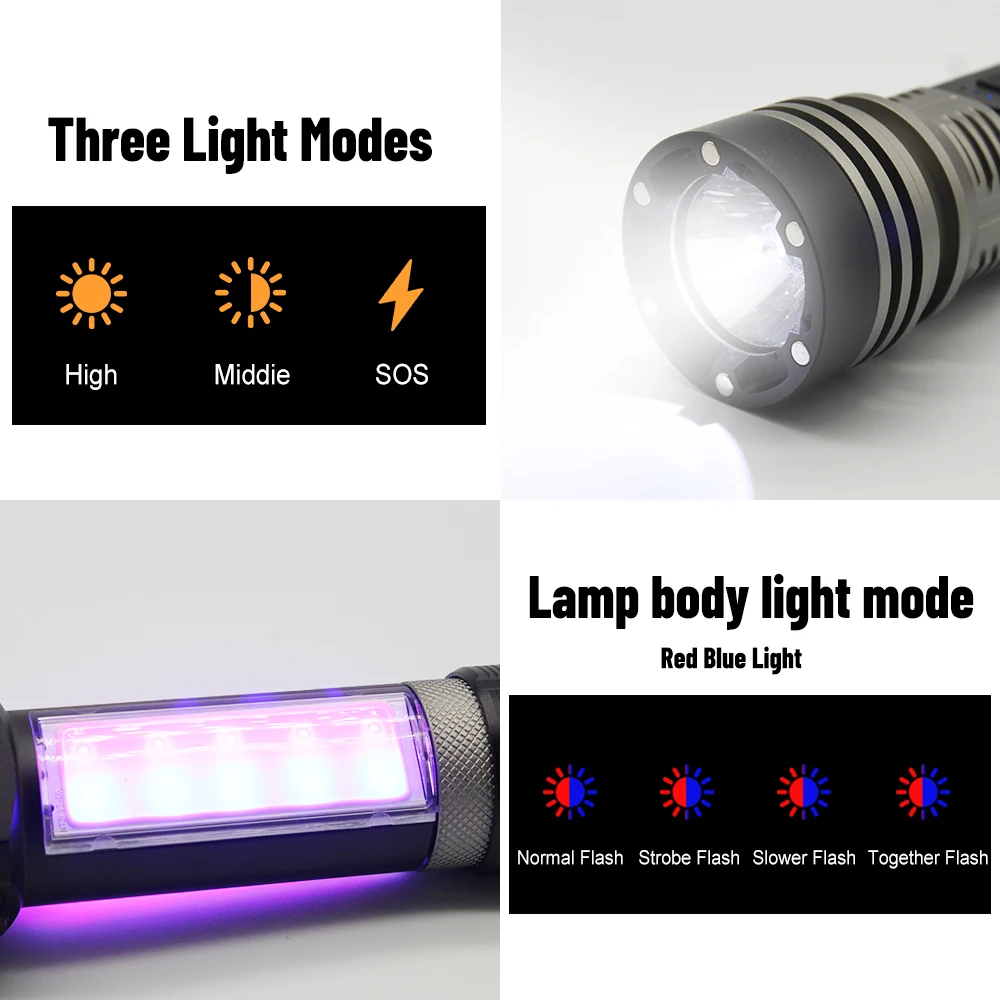 6-in-1 Self Defence LED Flashlight with Magnetic Charging Emergency Light Outdoor Camping Lamp Safety Hammer Tactical Flashlight