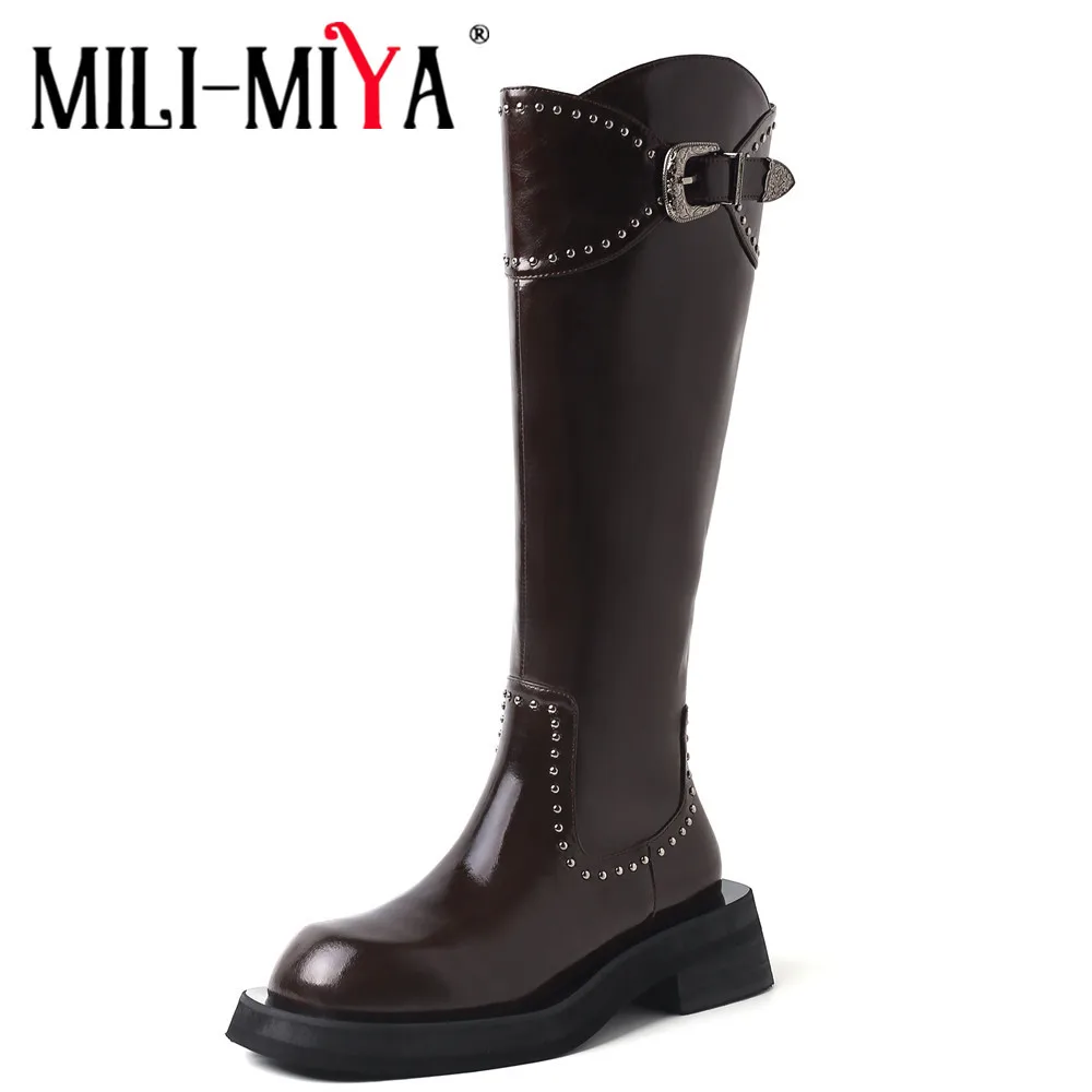 MILI-MIYA Classic Metal Rivet Women Cow Leather Knee High Boots Round Toe Thick Heels Solic Color Caual Street Shoes