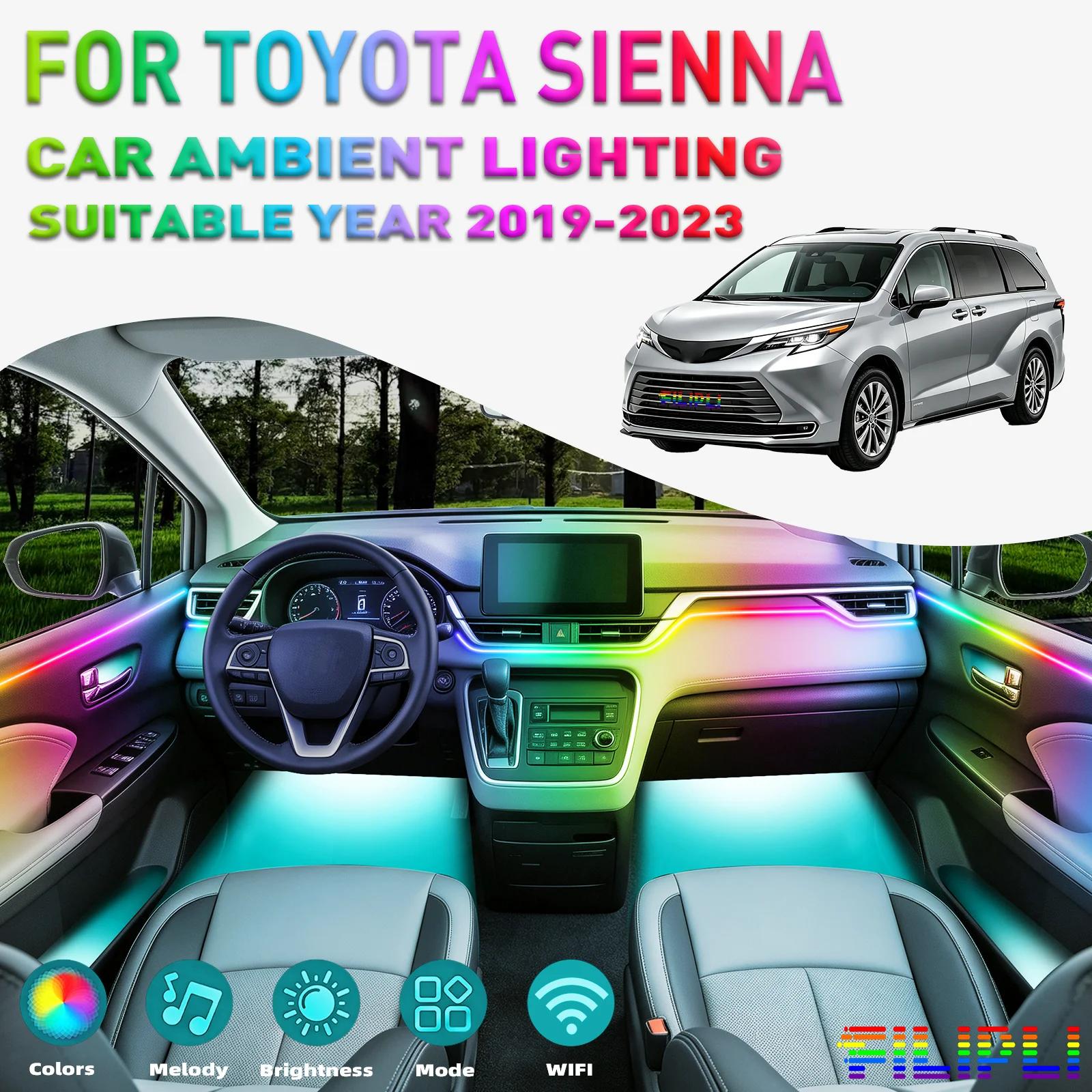 For TOYOTA Sienna 2019-2023 Car Ambient Lighting colorful 18 Lights Kit 256 Colors Iridescent 18 in 1 LED Interior Hidden Acrylic Strip Symphony Atmosphere Lamp Neon Acrylic Light Strip Lighting and Decorative Lamps Long Standby Car Decorative Light