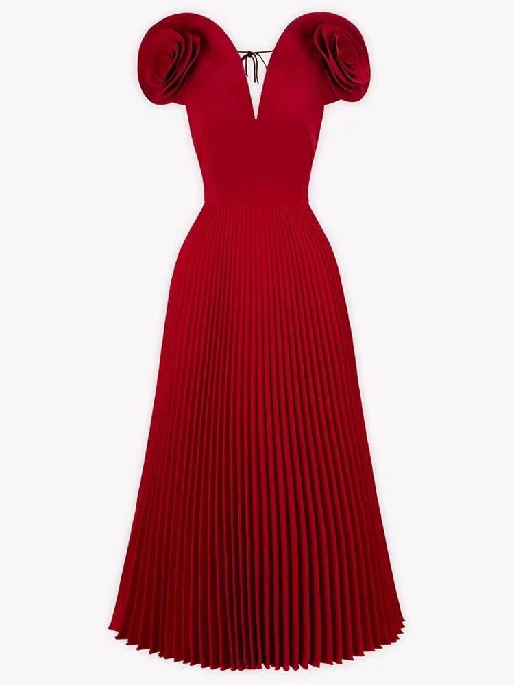 LISM فستان نسائي أنيق على الموضة برقبة على شكل حرف v وأربطة مطوي ثلاثية الأبعاد بدون أكمام فساتين الحفلات المسائية 2025 ربيع جديد المد