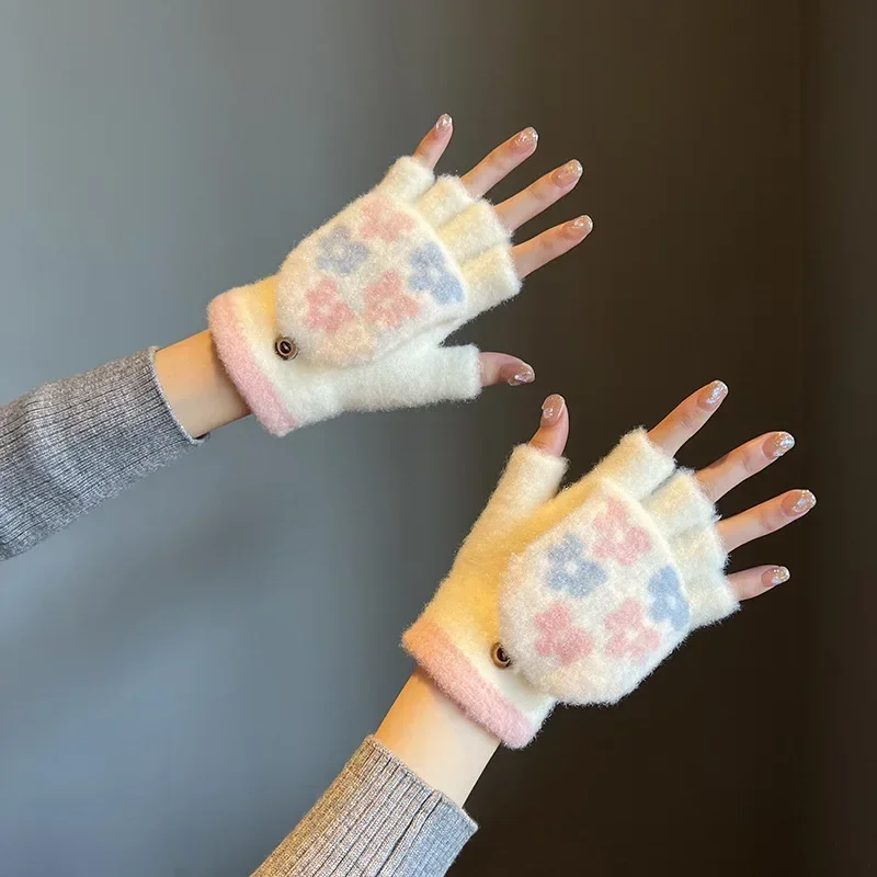 Guantes cálidos con solapa para mujer, guantes de medio dedo, lindos guantes de felpa sin dedos, Invierno para estudiantes