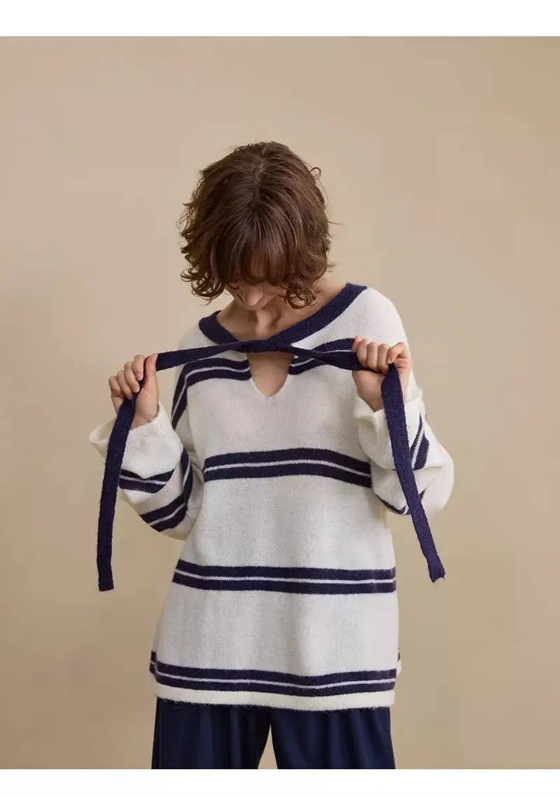 قميص أنيق متعدد الاستخدامات محبوك بشريط مخطط وحجب الألوان للنساء