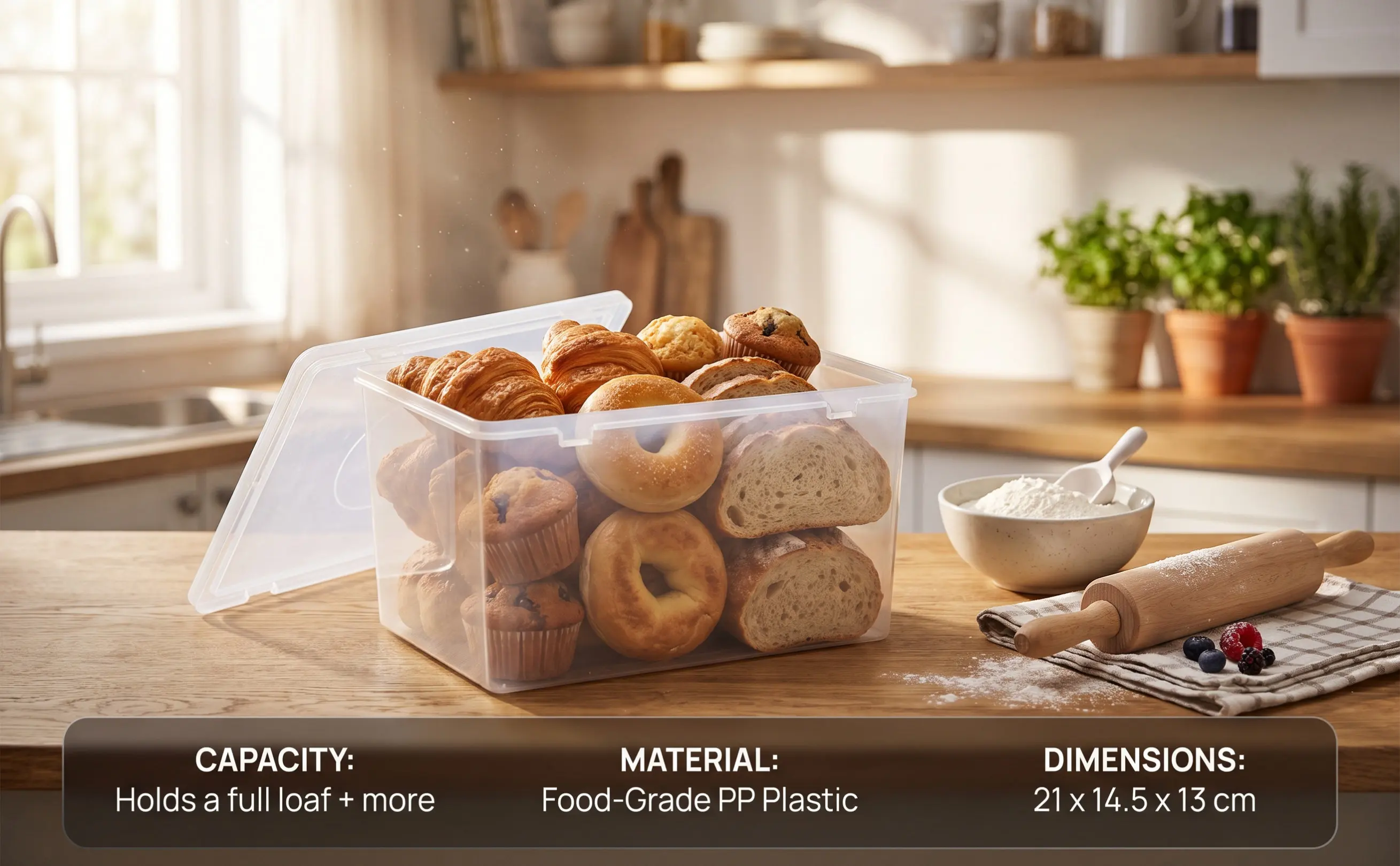 Food Storage Large Plastic Containers - กล่องเก็บขนมปังขนาดใหญ่ ปิดผนึกอย่างดี ช่วยรักษาความสด ภาชนะเก็บของในครัว สำหรับเก็บขนมปังและอาหาร