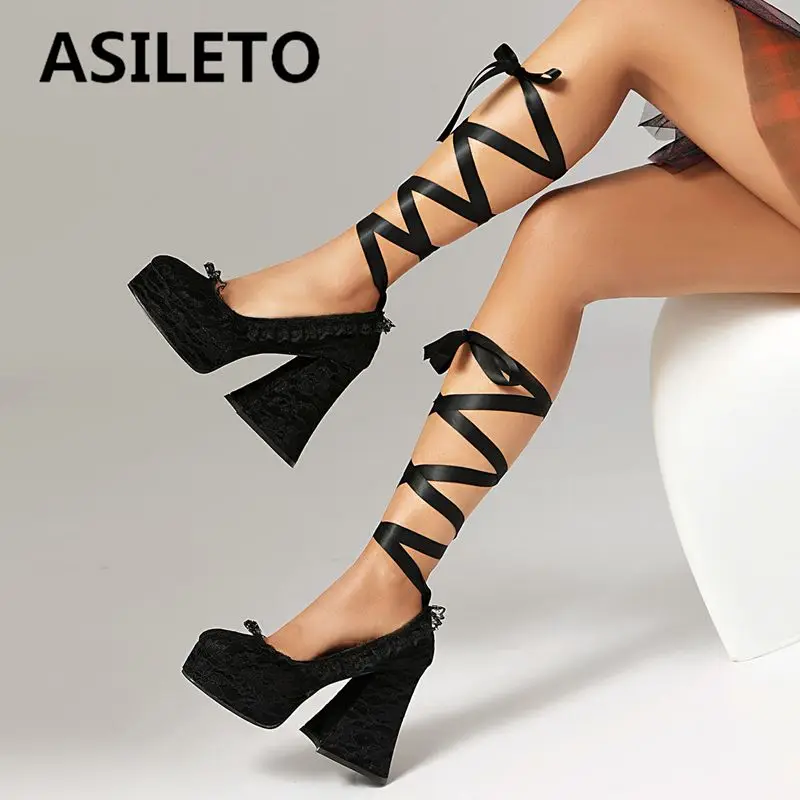 

ASILETO 2025 Fashion Female Pumps Round Toe Mixed Color Big Size 41 42 43 Party Shoes Block Heels 12cm Platform 3.5cm Lace Up