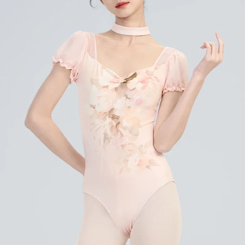 

Женский балетный трико с цветочным принтом и принтом для девочек, боди с милыми рукавами и открытой спиной для взрослых, сетчатая лоскутная гимнастическая танцевальная одежда