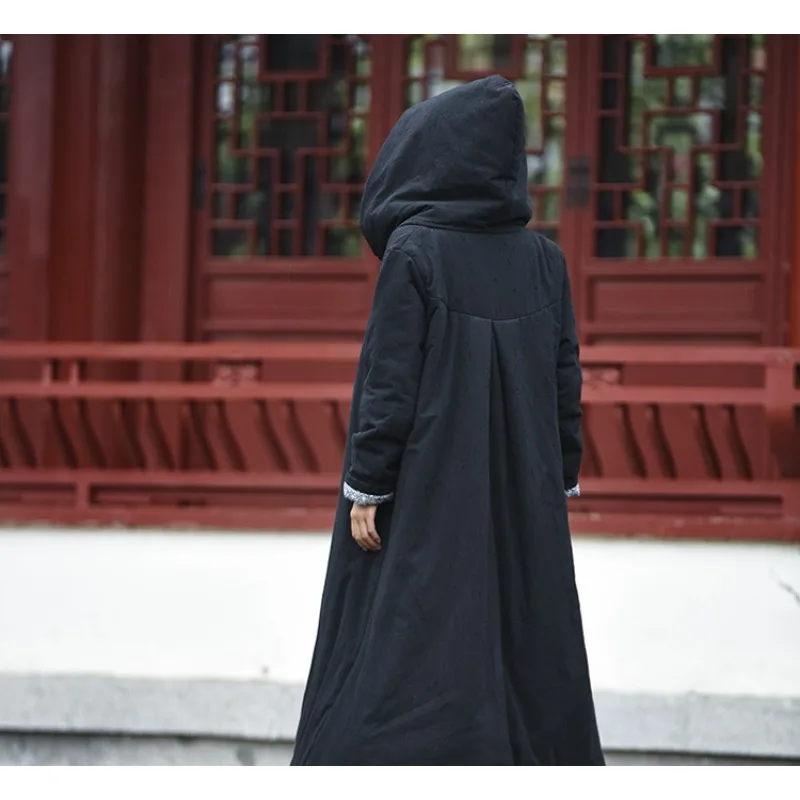 High Quality Women's Vintage Hooded Parka Coat Cotton Linen Winter Warm Trench Coat Cotton Jacket Single-breasted Original Parka