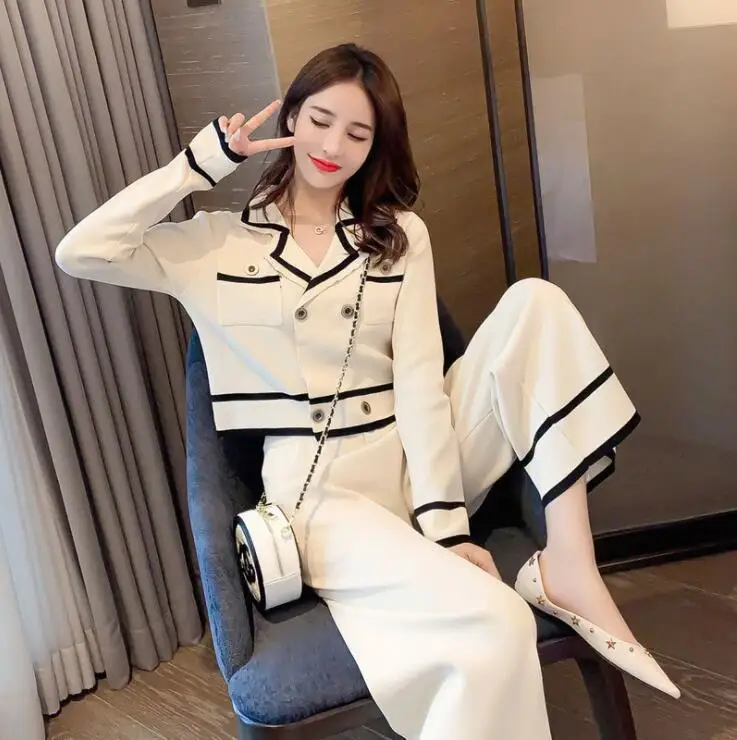 Autumn Suits Show Thin Temperament Xiaoxiang Nine-Point Wide-Leg Pants Two-Piece Knitted Sweater