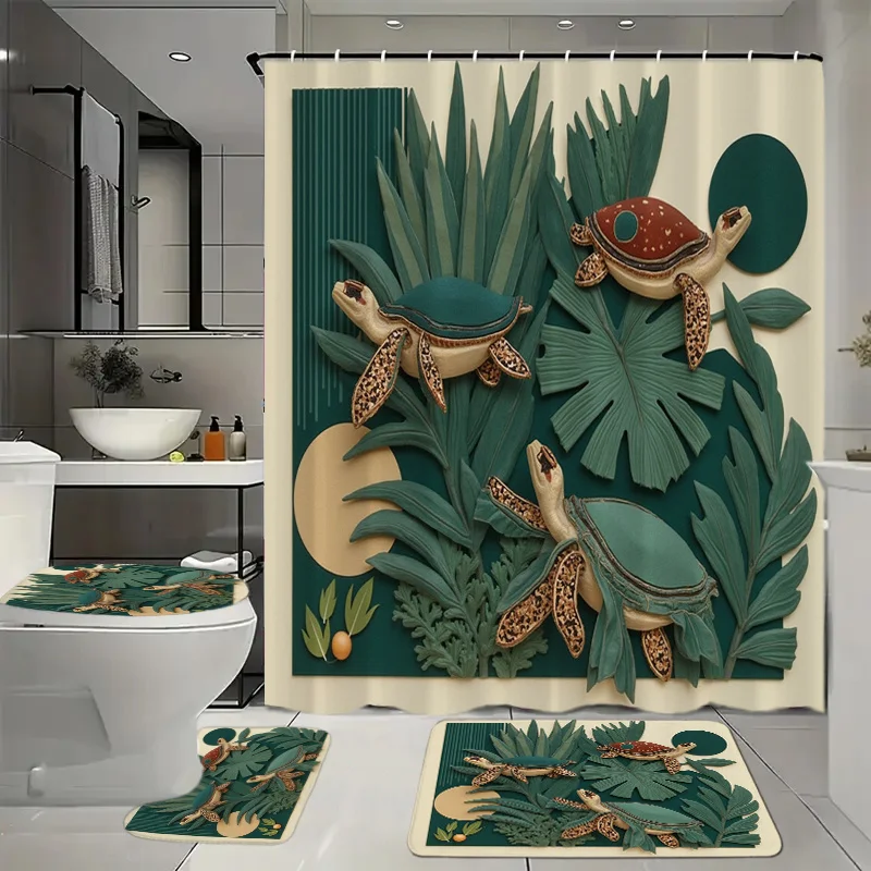 

4pcs Bathroom Set with 12 Hooks, Bath Mat, Toilet Seat Cover & Lid Pad – Tropical Rainforest Turtle Print Shower Curtain and Hom