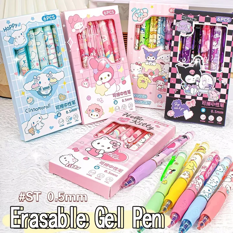 6pcs Sanrio Erasable Gel Pen Pochacco Kuromi Cinnamoroll Hello Kitty Student Neutral Ball Pen Office School Supplies Stationery