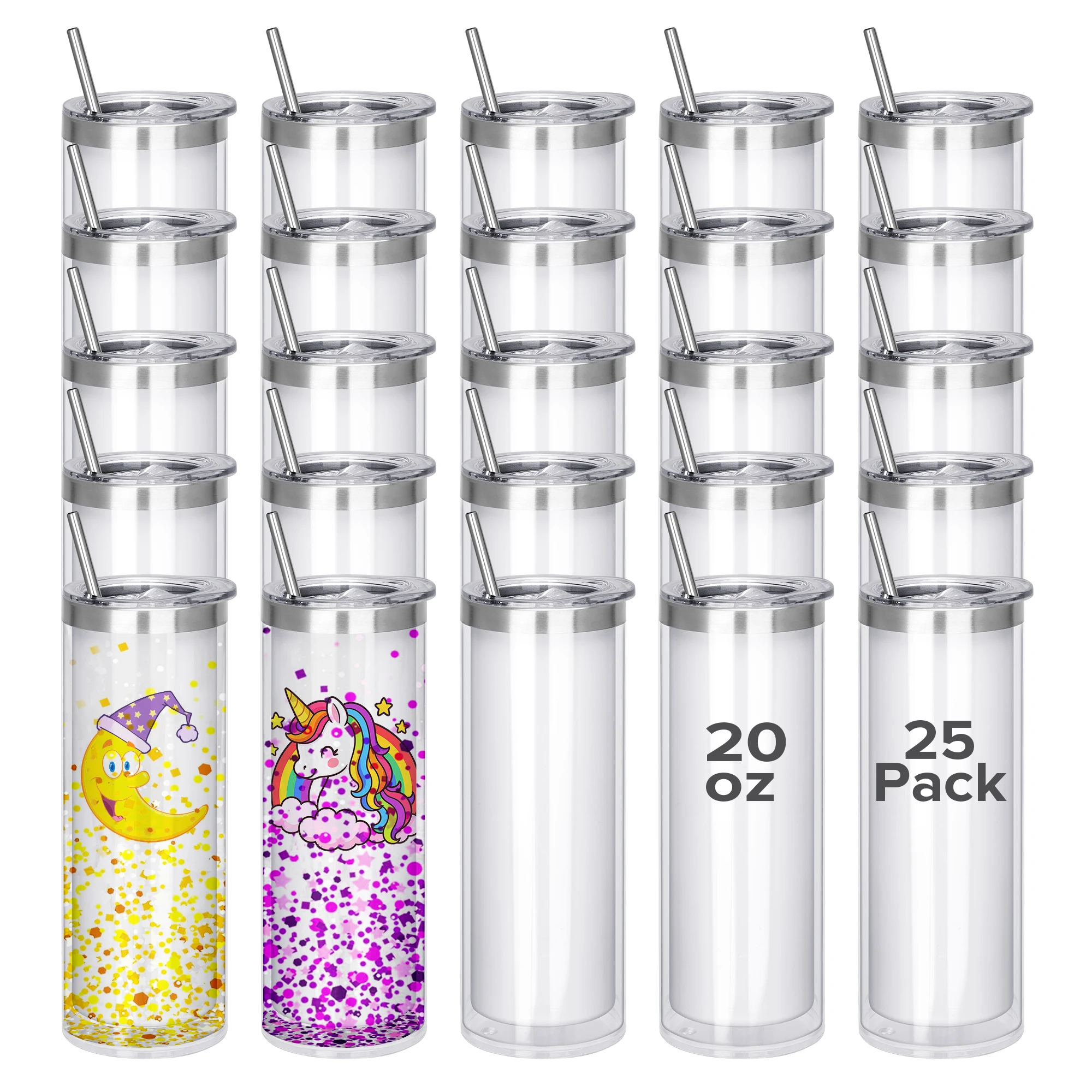 20 Oz 25 Pack Double Wall Pre Drilled Snow Globe Tumbler, Inner Stainless Steel Sublimation Outer Plastic DIY Glitter Gifts